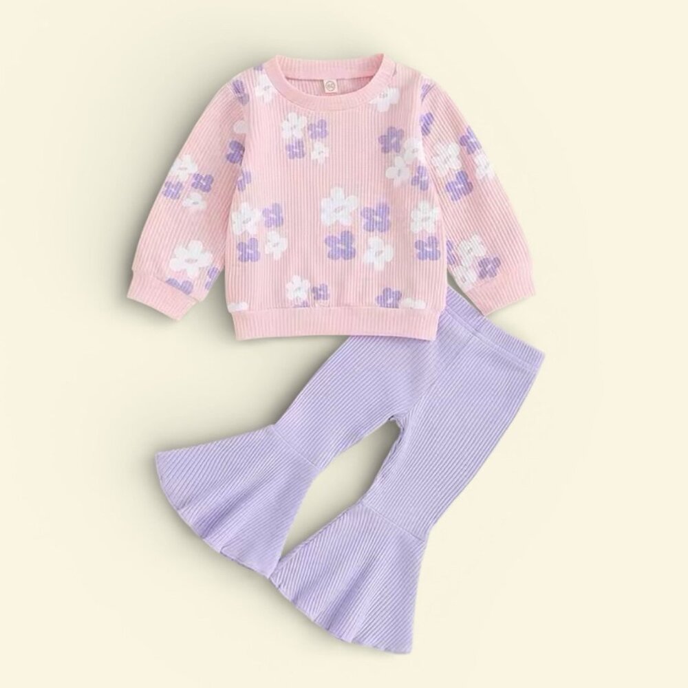 Little Girl 2 Piece Set with Flowered Top and Flared Pant Legs